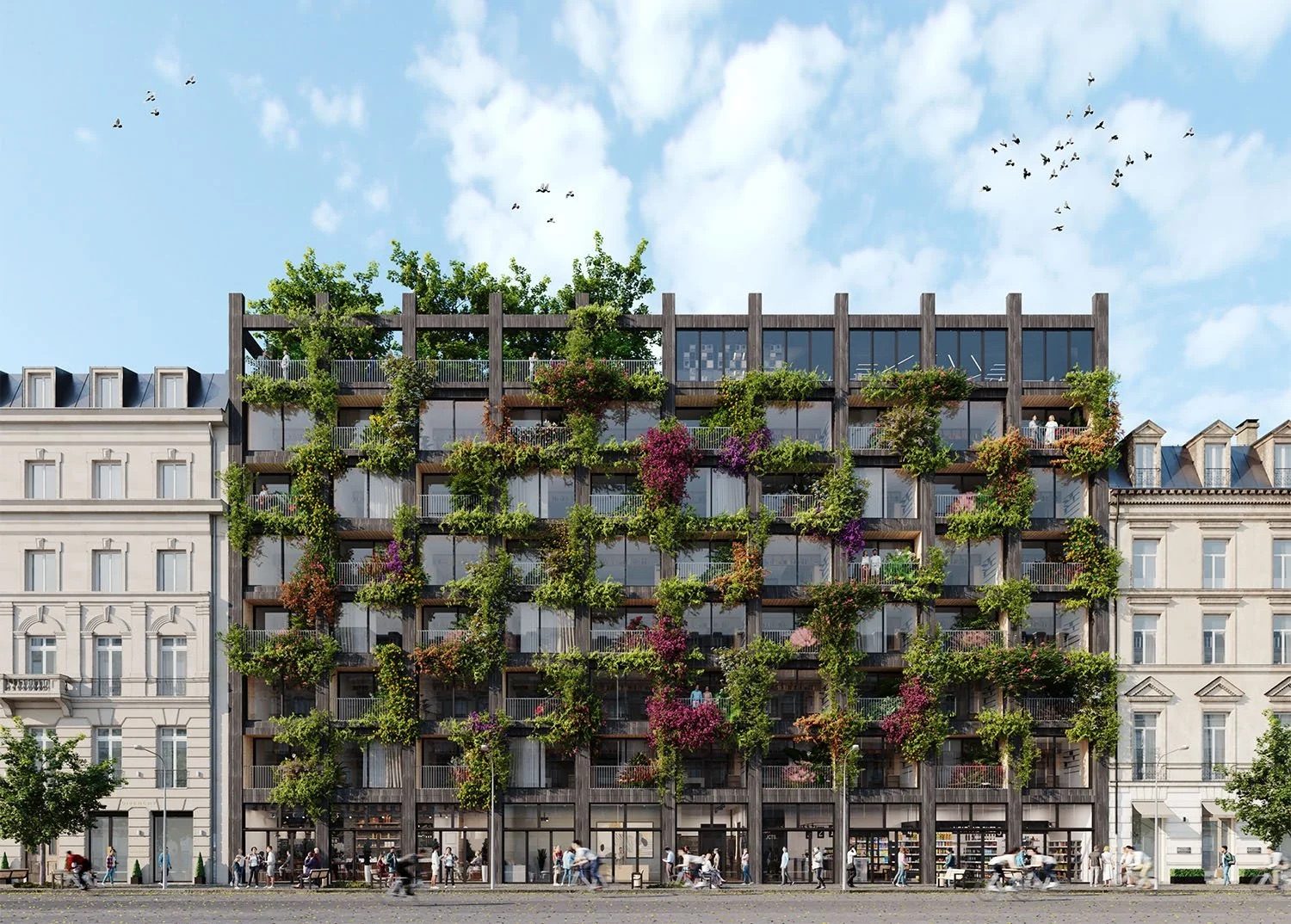 Planted facade, front elevation with shops at street level